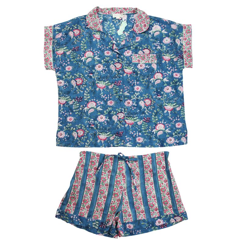 Block Printed Inky Blue & Pink Floral Stripe Cotton Short Pyjama Set