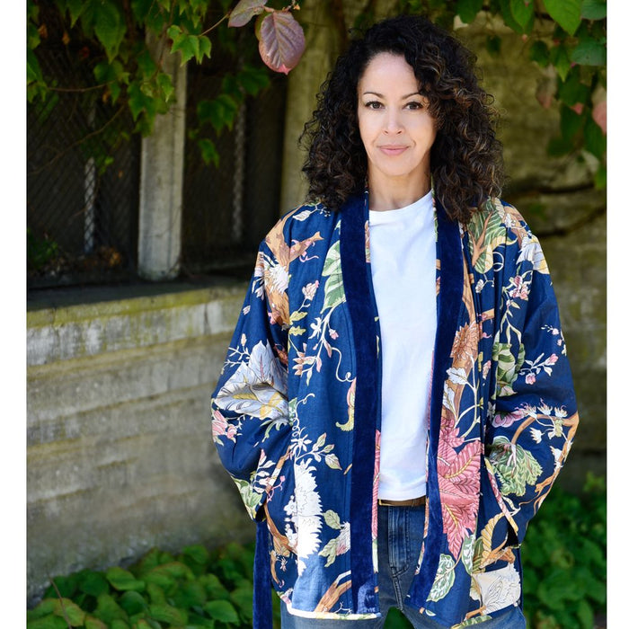 Dark Blue Velvet/Carnation Cotton Print Reversible Jacket