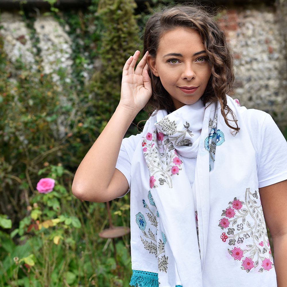 Block Printed Blue & Pink Floral Blooms Cotton Sarong