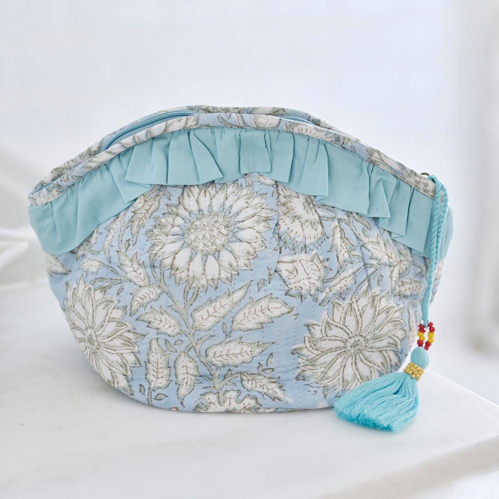 Block Printed Blue Cornflower Quilted Make Up Bag