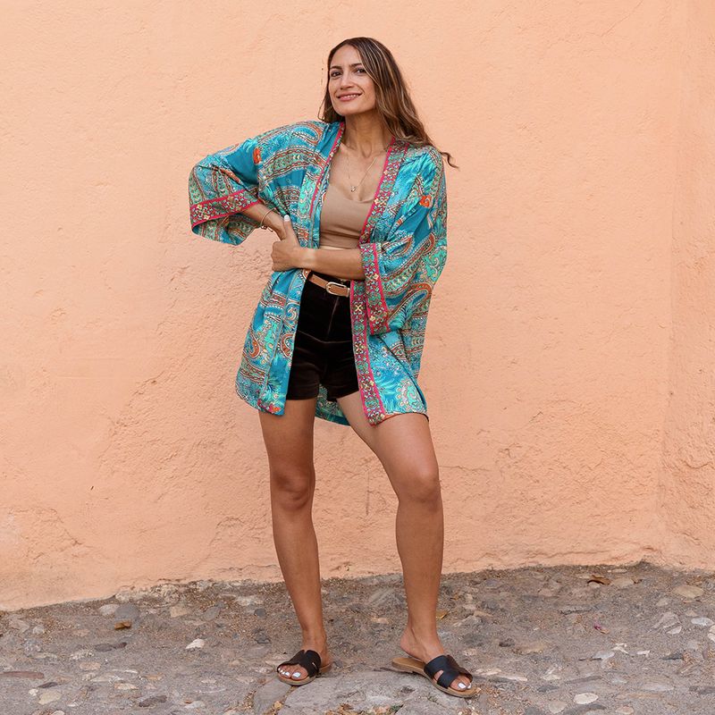 Turquoise & Pink Paisley Viscose Summer Jacket