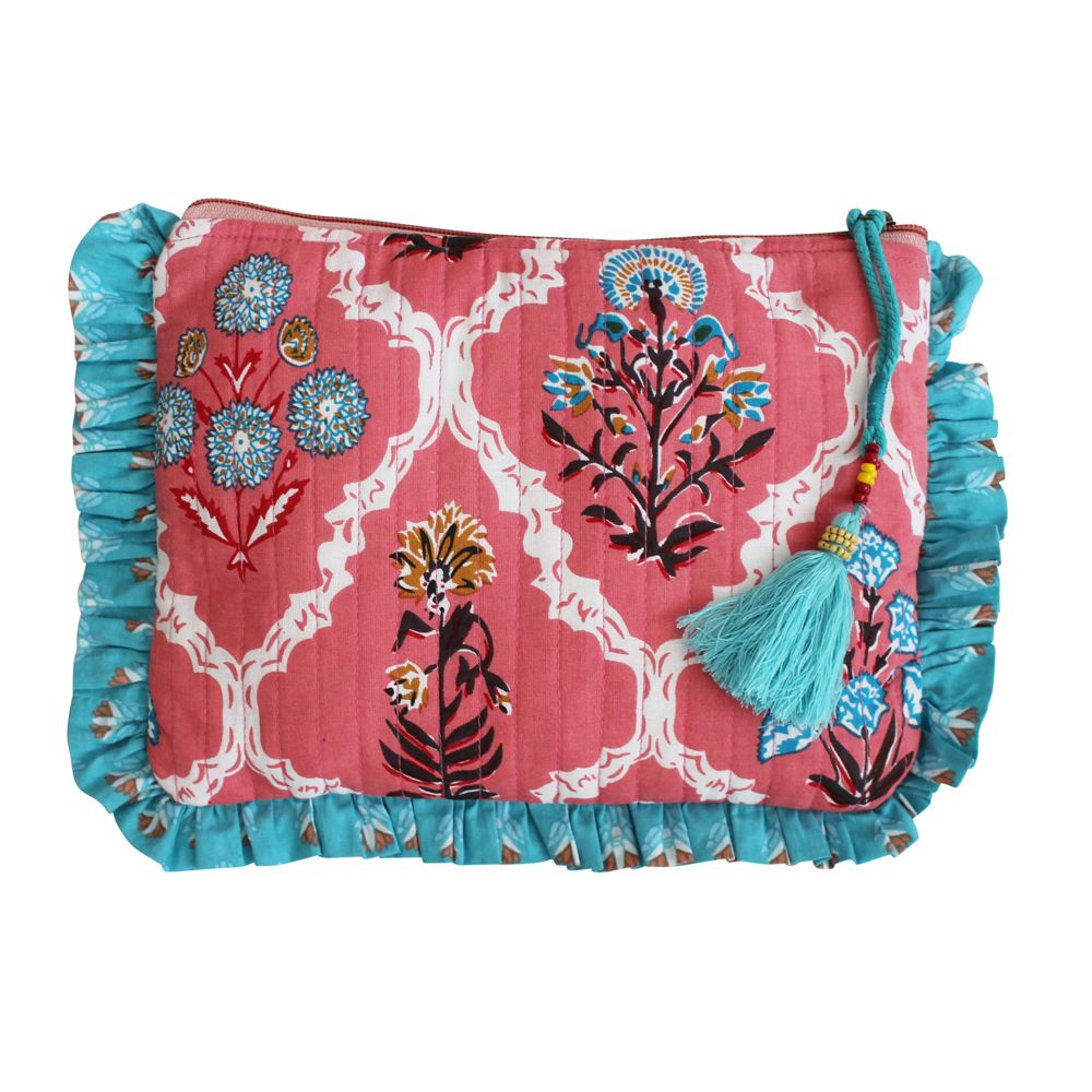Block Printed Pink & Blue Floral Tile Quilted Ruffle Make Up Bag