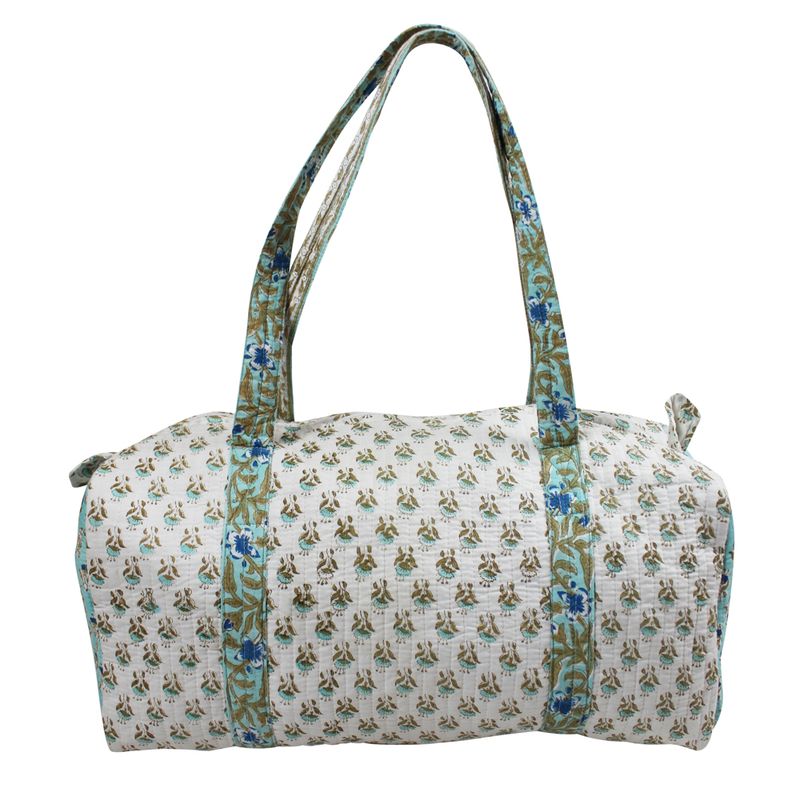 Block Printed Aqua, White & Green Floral Quilted Duffle Bag