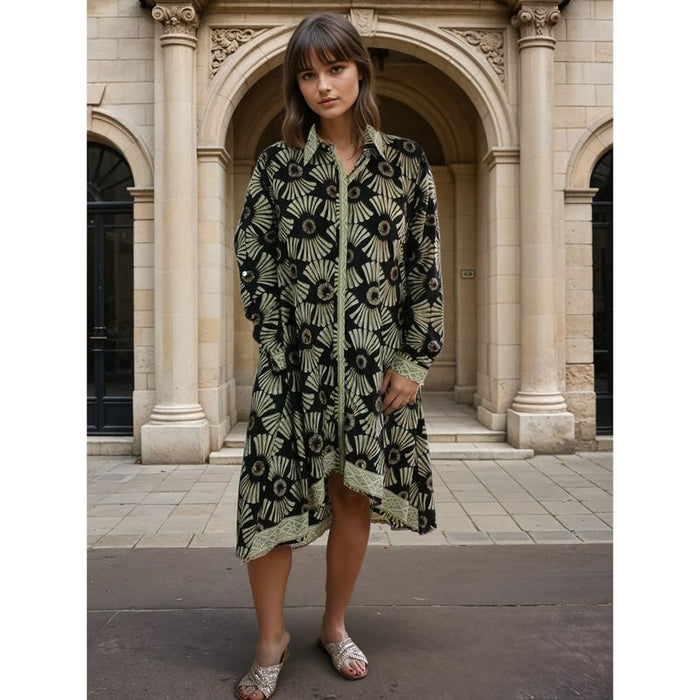 'Coco' Buttoned Black & Gold Fan Print Shirt Dress