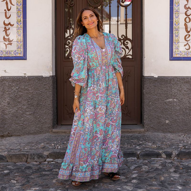 'Demi' Pink & Blue Floral Paisley Maxi Dress
