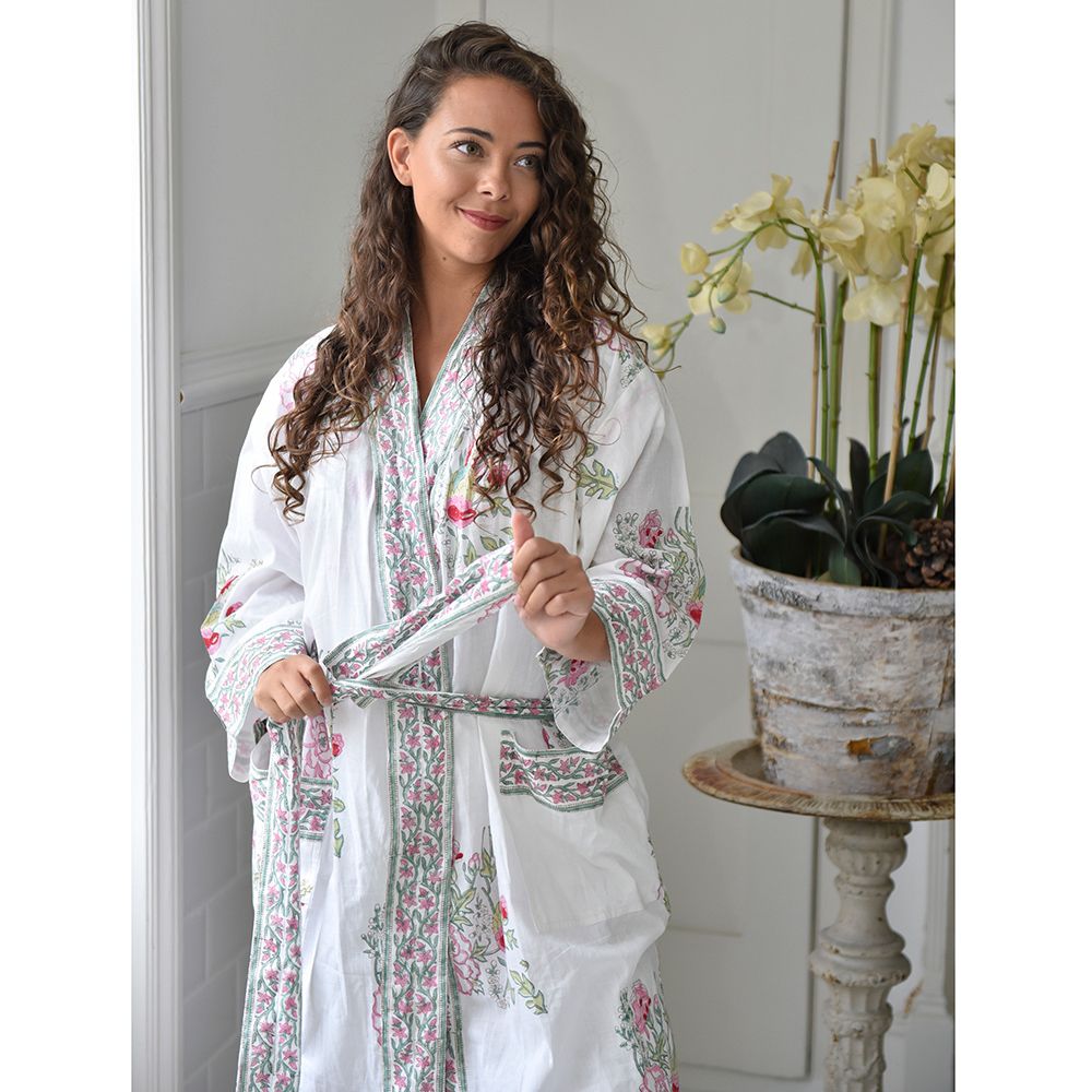 Block Printed Pink & Mint Floral Bird Cotton Dressing Gown