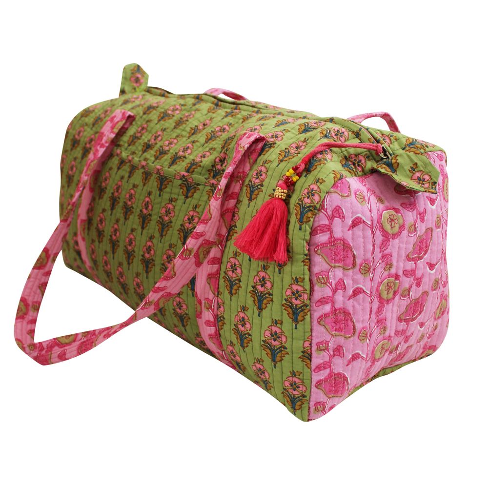 Block Printed Green & Pink Floral Quilted Duffle Bag