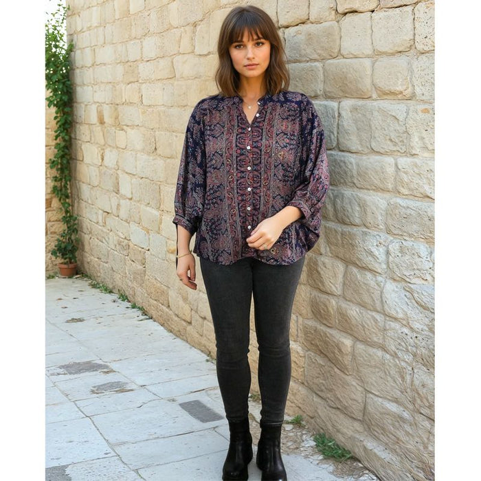 Navy Floral Paisley Print Button Down Shirt
