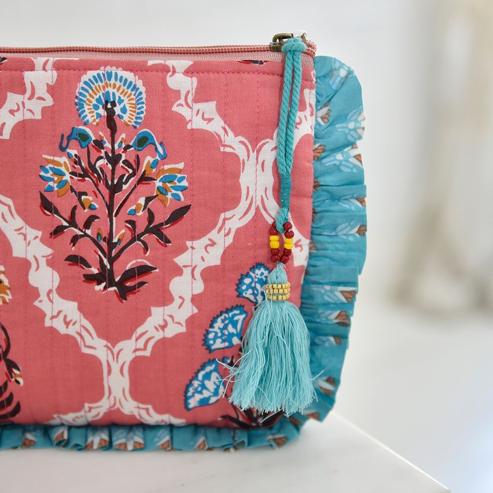 Block Printed Pink & Blue Floral Tile Quilted Ruffle Make Up Bag