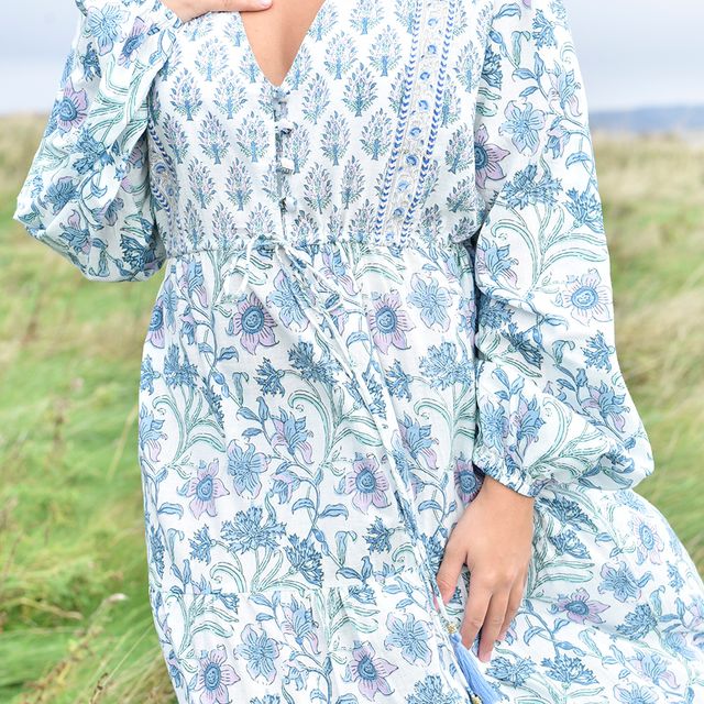Block Printed Lilac Blue Floral Cotton Dress 'Cassidy' Block Printed Lilac Blue Floral Cotton Dress 'Cassidy'