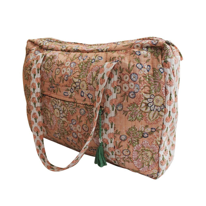 Block Printed Peach Floral Quilted Bag