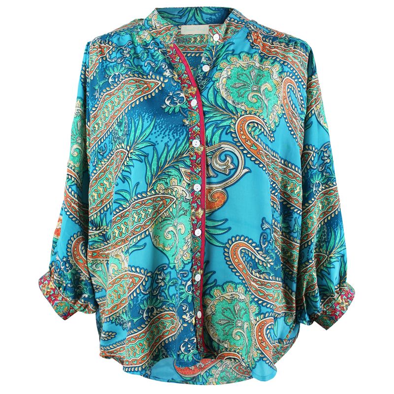 Turquoise & Pink Paisley Print Button Down Shirt