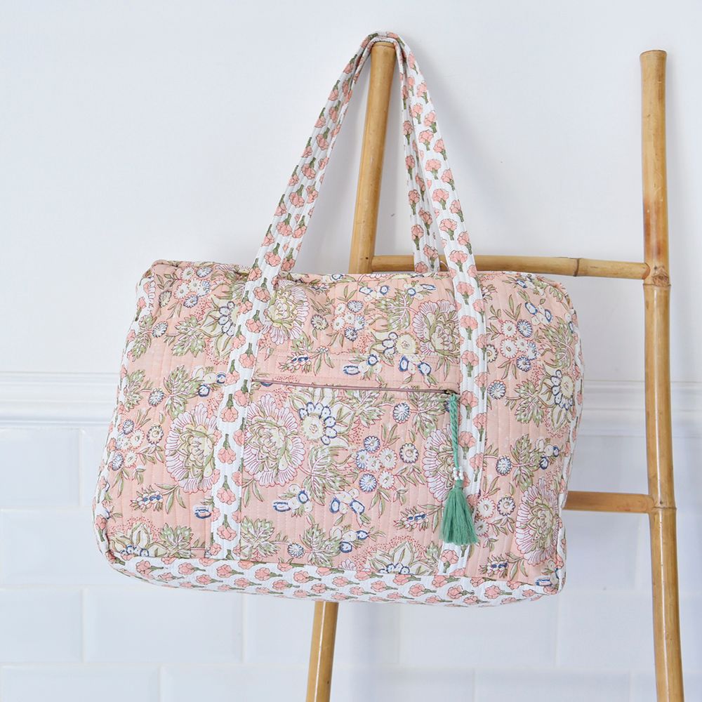 Block Printed Peach Floral Quilted Bag