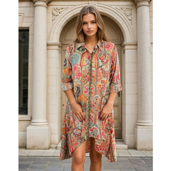 'Elora' Buttoned Pink, Orange & Cream Floral Tile Print Shirt Dress