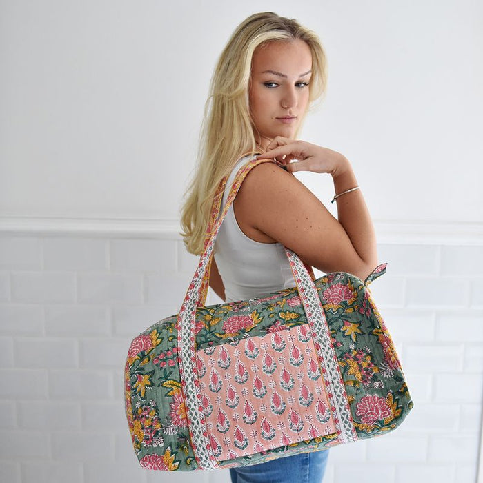 Block Printed Green, Lemon & Sorbet Pink Floral Stripe Quilted Duffle Bag