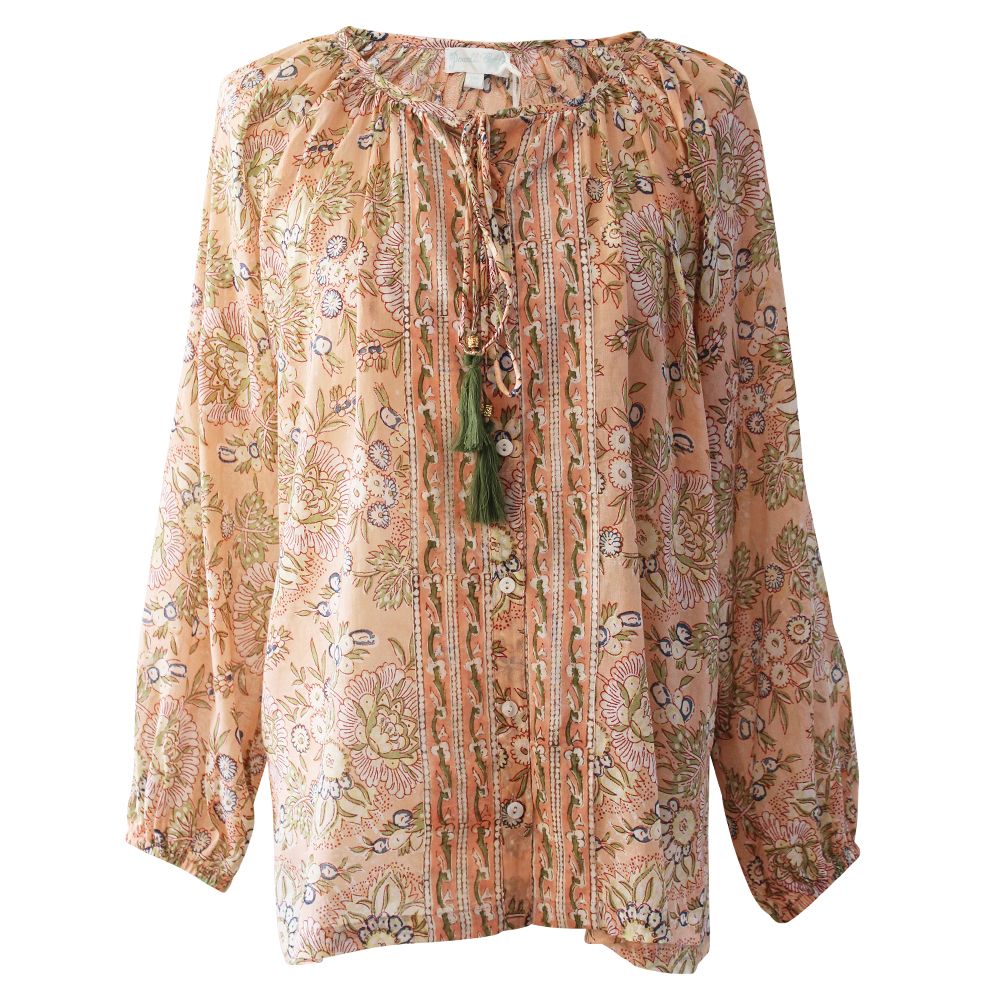Block Printed Peach Floral Cotton Blouse 'Cora'