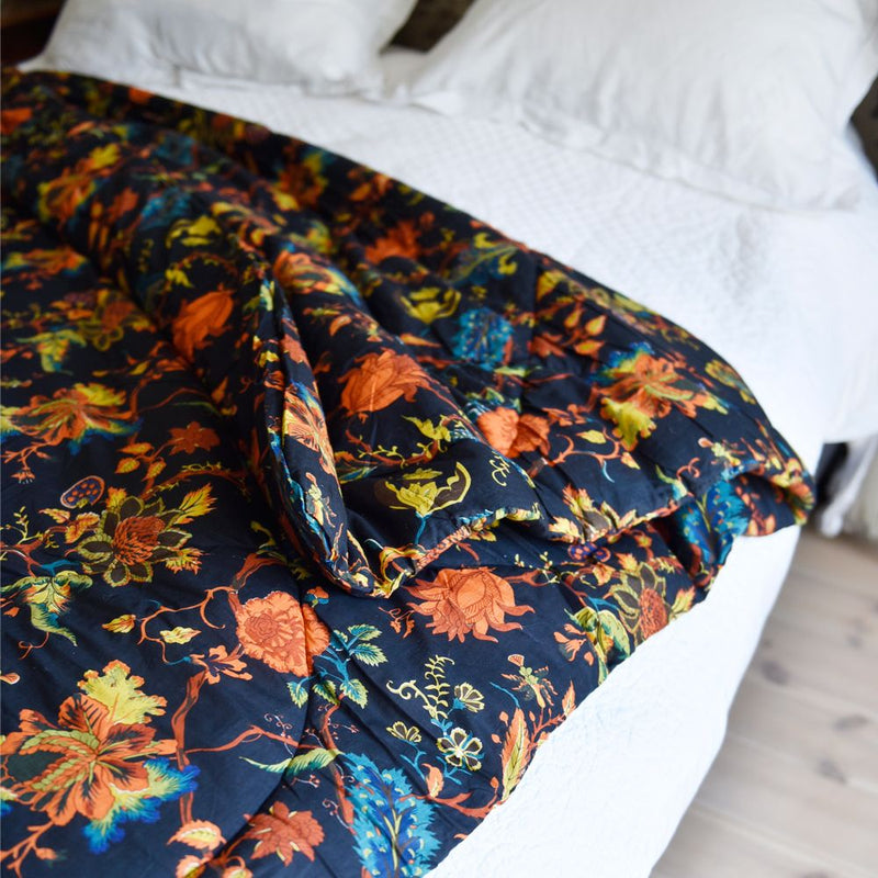 Burnt Orange Exotic Flower Print Cotton Indian Bed Quilt