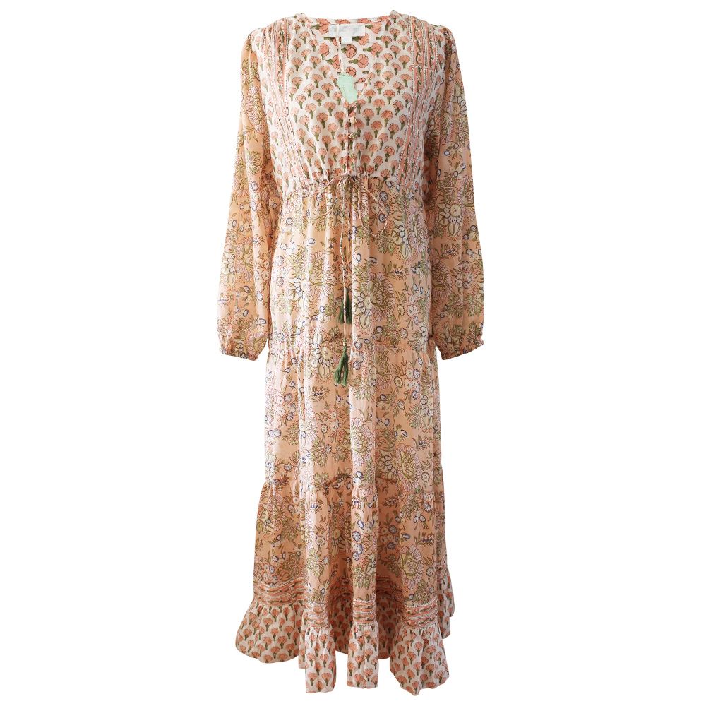 Block Printed Peach Floral Cotton Dress 'Cora'