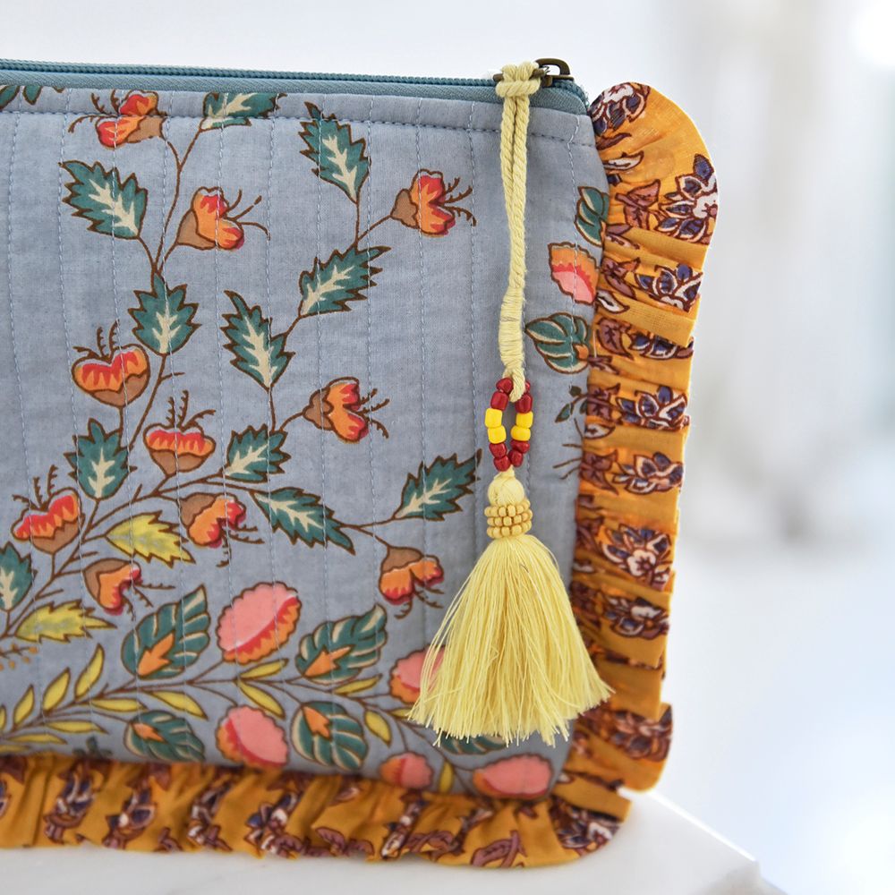 Block Printed Coral Exotic Bouquet Quilted Ruffle Make Up Bag