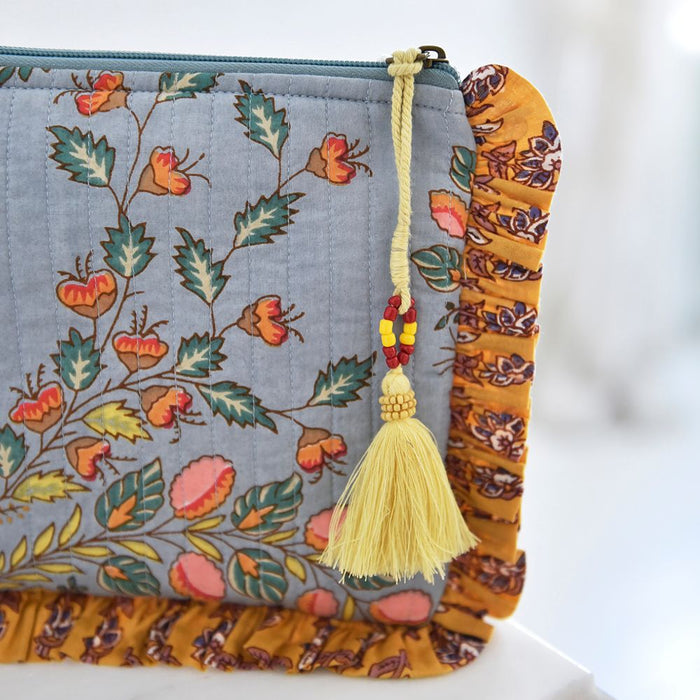 Block Printed Coral Exotic Bouquet Quilted Ruffle Make Up Bag
