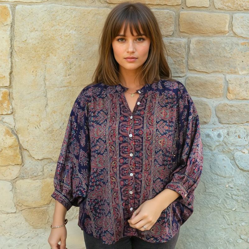 Navy Floral Paisley Print Button Down Shirt
