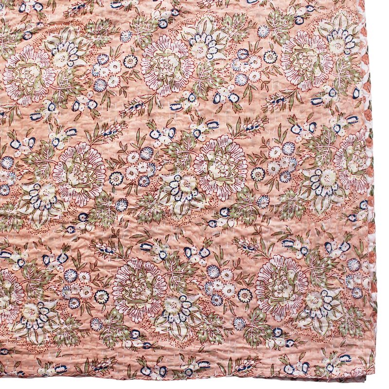 Block Printed Peach Floral Kantha Throw