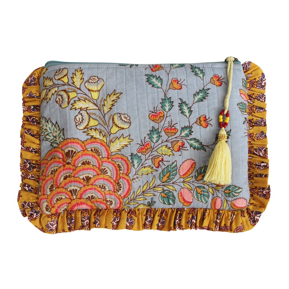 Block Printed Coral Exotic Bouquet Quilted Ruffle Make Up Bag