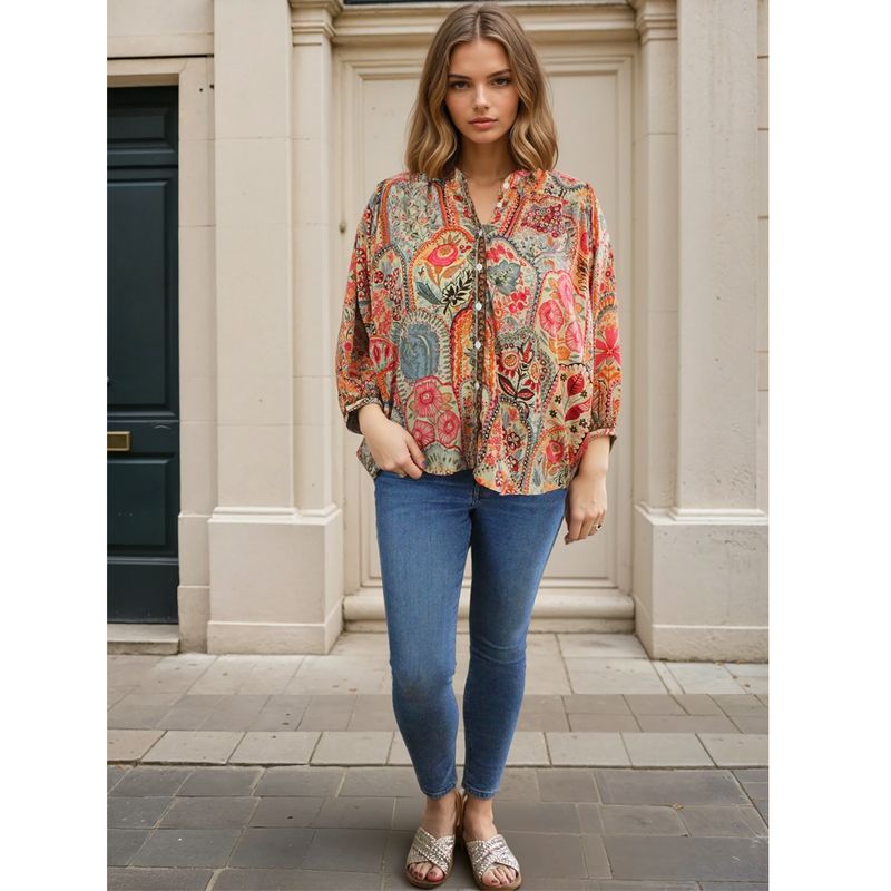 Pink, Orange & Cream Floral Tile Print Button Down Shirt