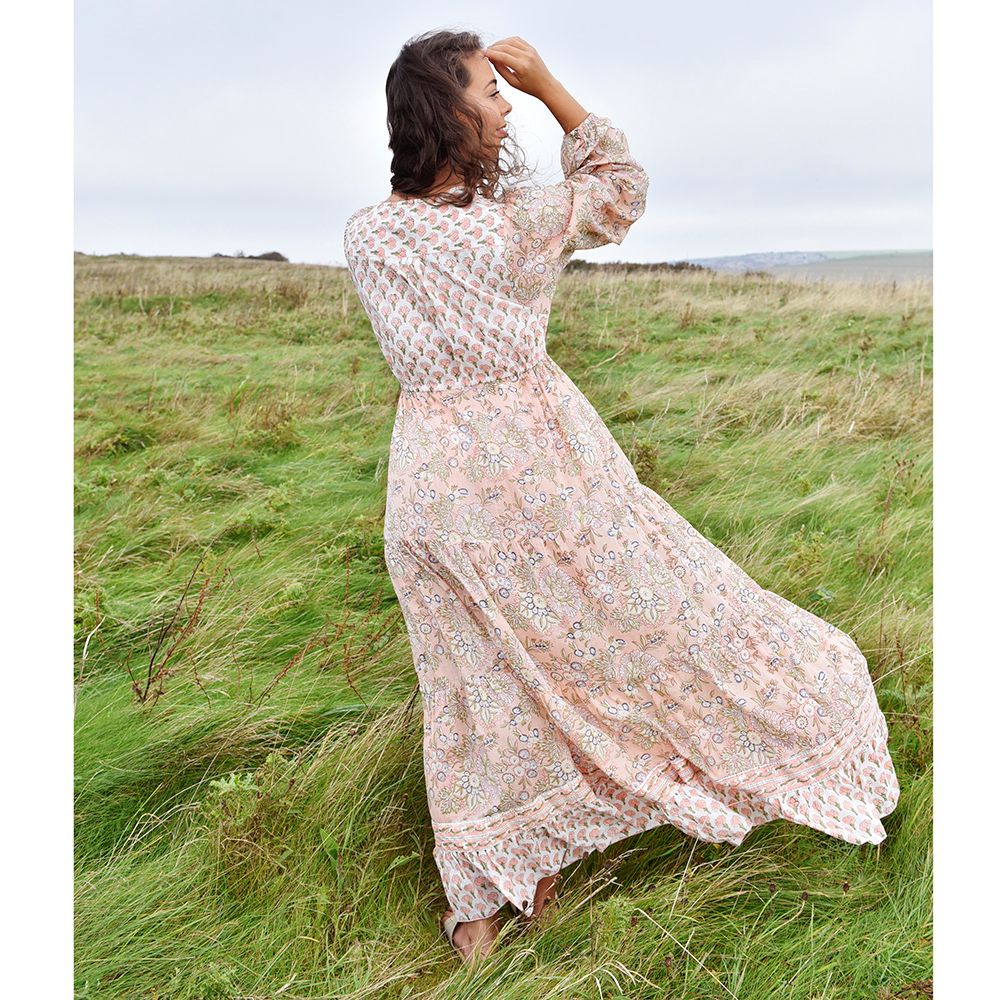 Block Printed Peach Floral Cotton Dress 'Cora'