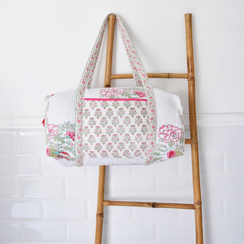 Block Printed Pink & Mint Floral Bird Quilted Duffle Bag
