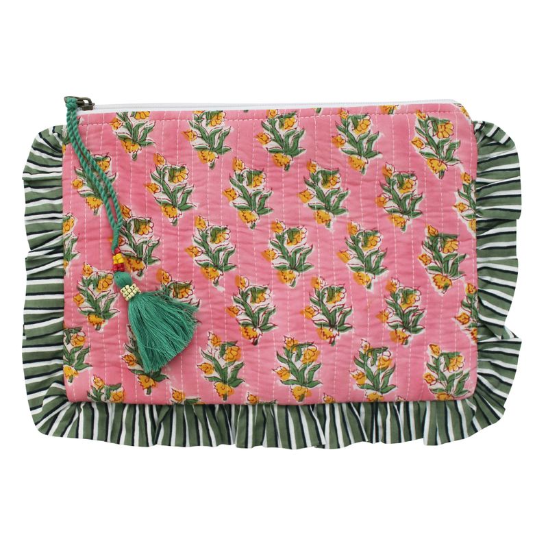 Block Printed Green & Pink Ogee Quilted Ruffle Make Up Bag
