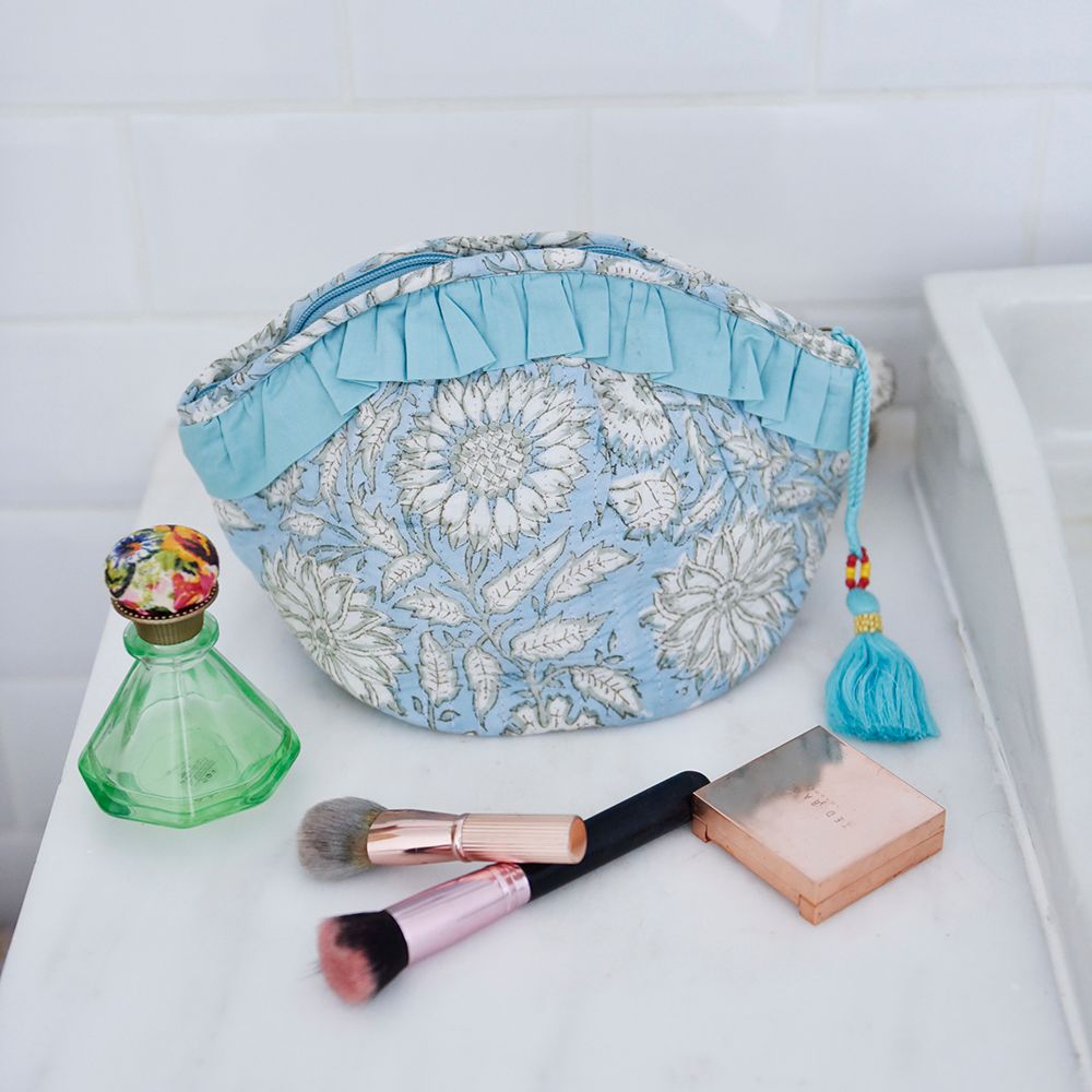 Block Printed Blue Cornflower Quilted Make Up Bag