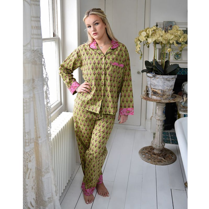 Block Printed Green & Pink Floral Cotton Pyjamas