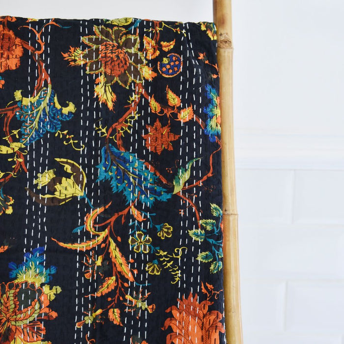 Burnt Orange Exotic Flower Print Kantha Throw