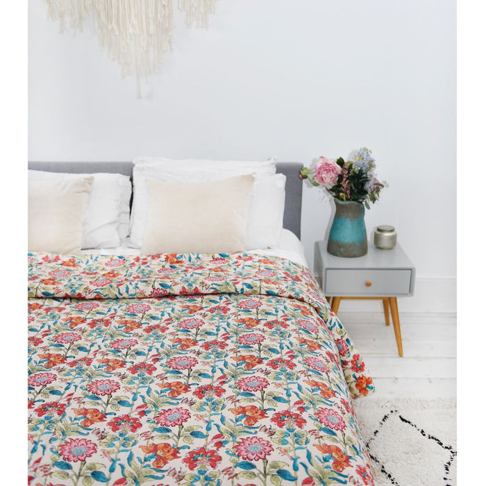 Floral Garden Print Cotton Indian Bed Quilt