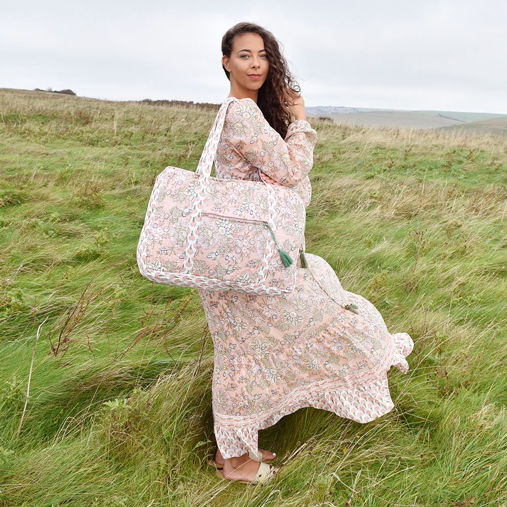 Block Printed Peach Floral Quilted Bag