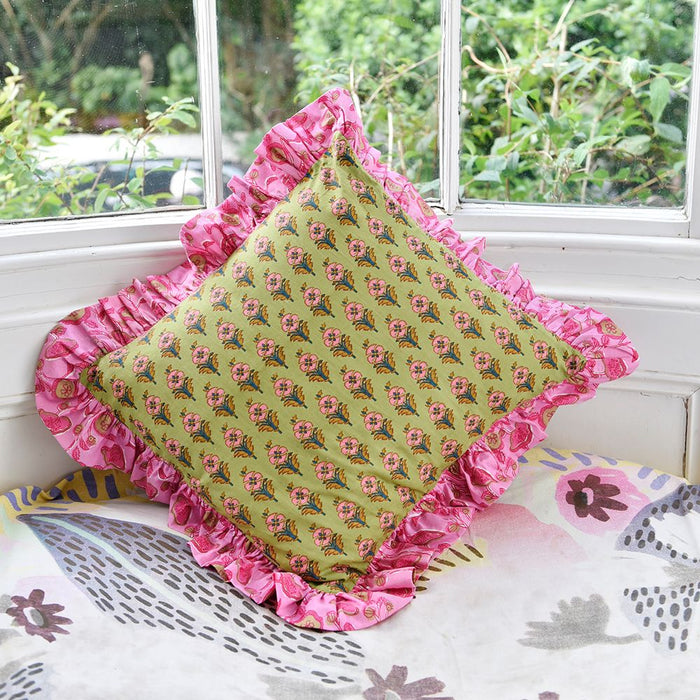 Block Printed Green & Pink Floral Ruffle Cushion