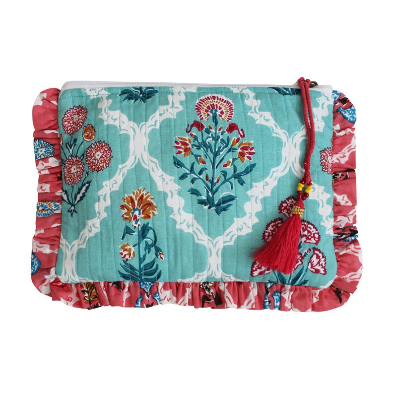 Block Printed Turquoise & Pink Floral Quilted Make Up Bag