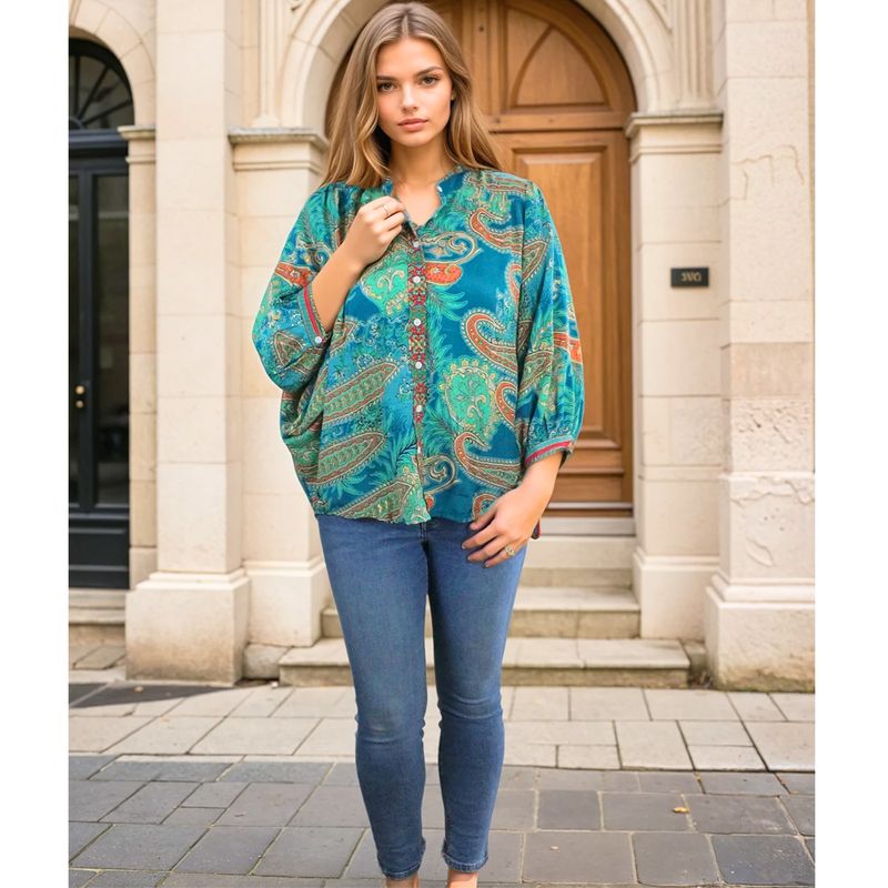 Turquoise & Pink Paisley Print Button Down Shirt