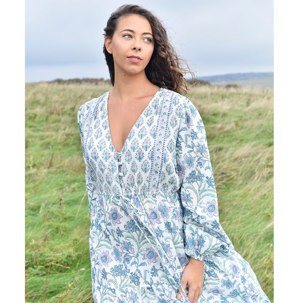 Block Printed Lilac Blue Floral Cotton Dress 'Cassidy'
