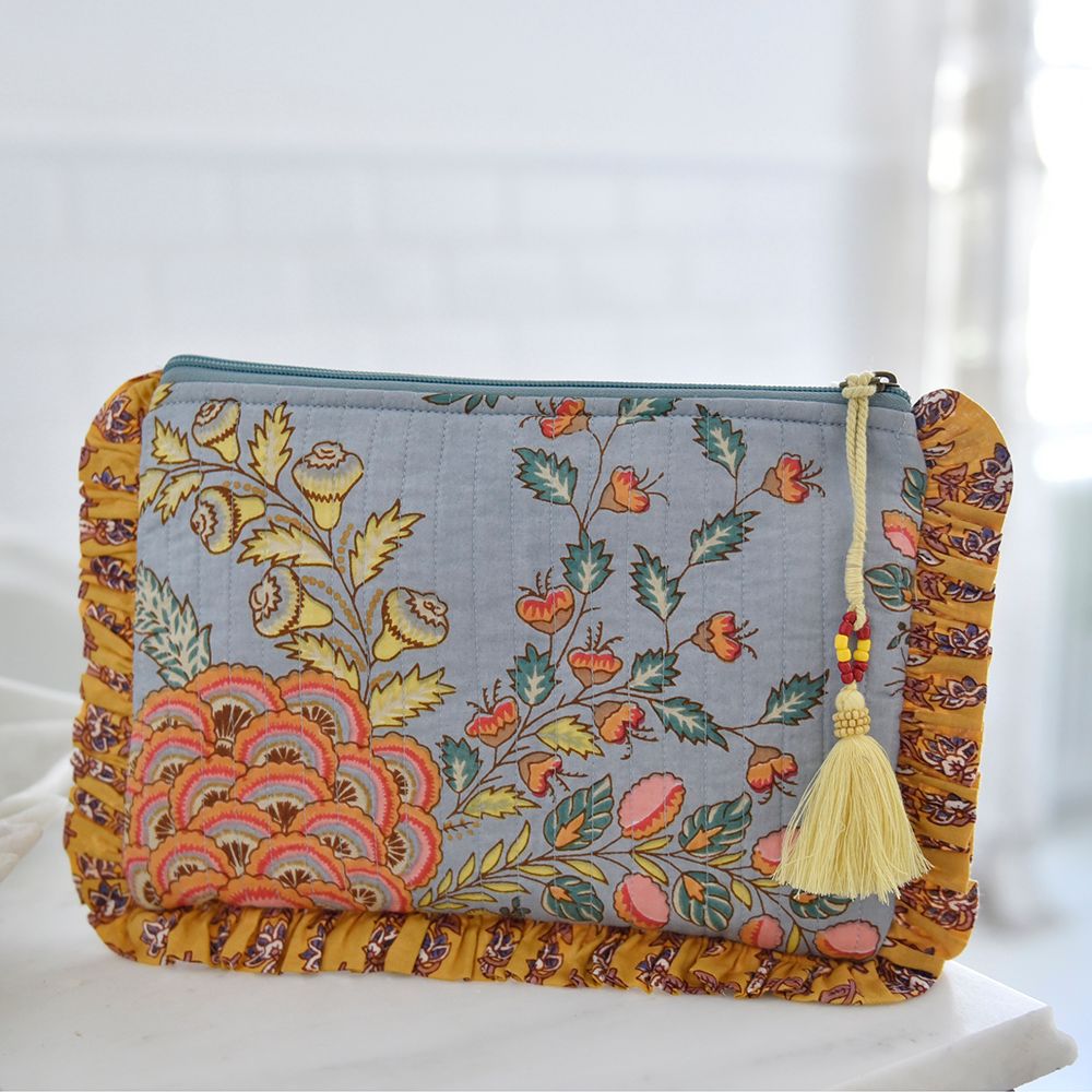 Block Printed Coral Exotic Bouquet Quilted Ruffle Make Up Bag
