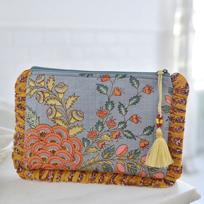 Block Printed Coral Exotic Bouquet Quilted Ruffle Make Up Bag