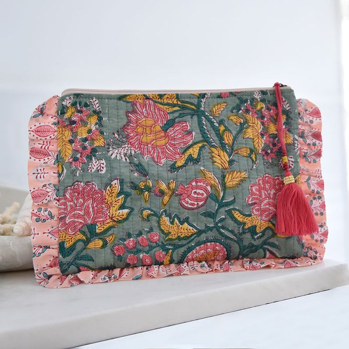 Block Printed Green, Lemon & Sorbet Pink Floral Stripe Quilted Ruffle Make Up Bag