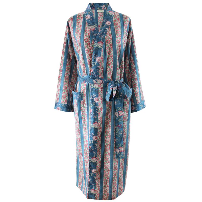 Block Printed Inky Blue & Pink Floral Stripe Cotton Dressing Gown