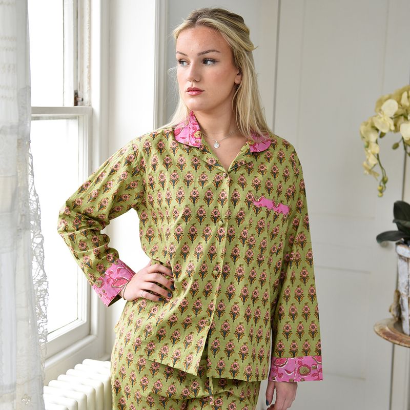 Block Printed Green & Pink Floral Cotton Pyjamas