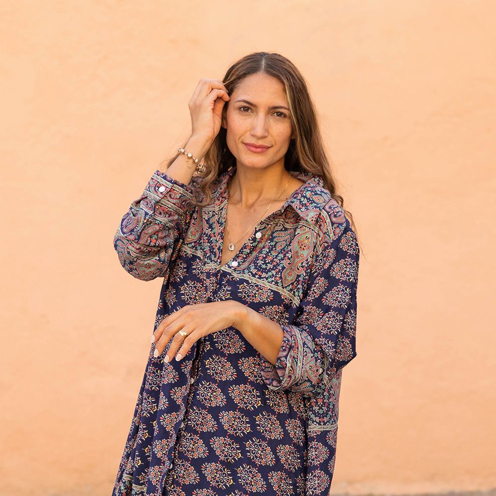 'Sasha' Buttoned Navy Floral Paisley Shirt Dress