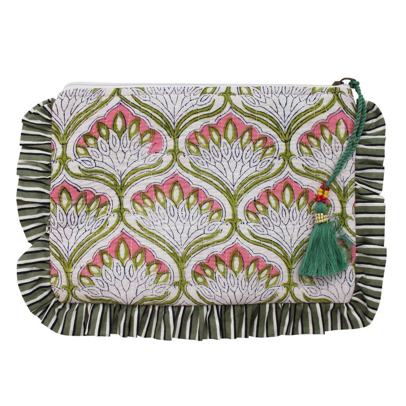 Block Printed Green & Pink Ogee Quilted Ruffle Make Up Bag