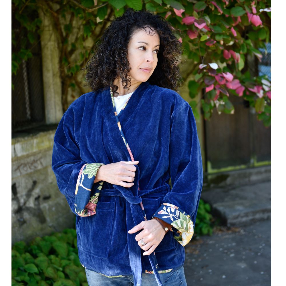 Dark Blue Velvet/Carnation Cotton Print Reversible Jacket