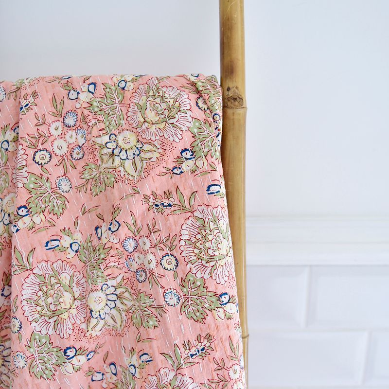 Block Printed Peach Floral Kantha Throw