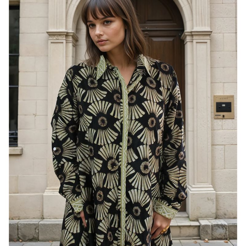 'Coco' Buttoned Black & Gold Fan Print Shirt Dress